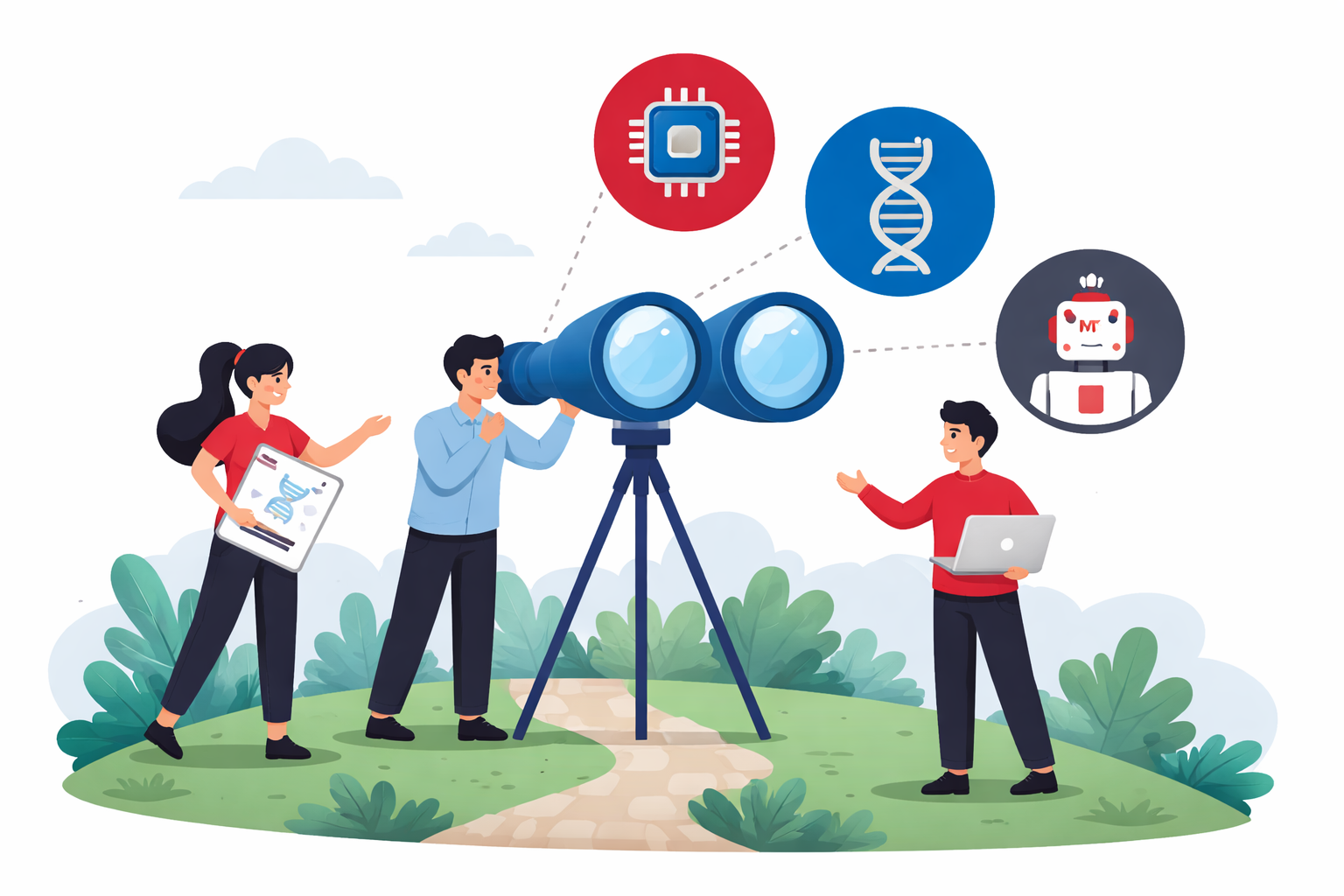 Researchers with telescope